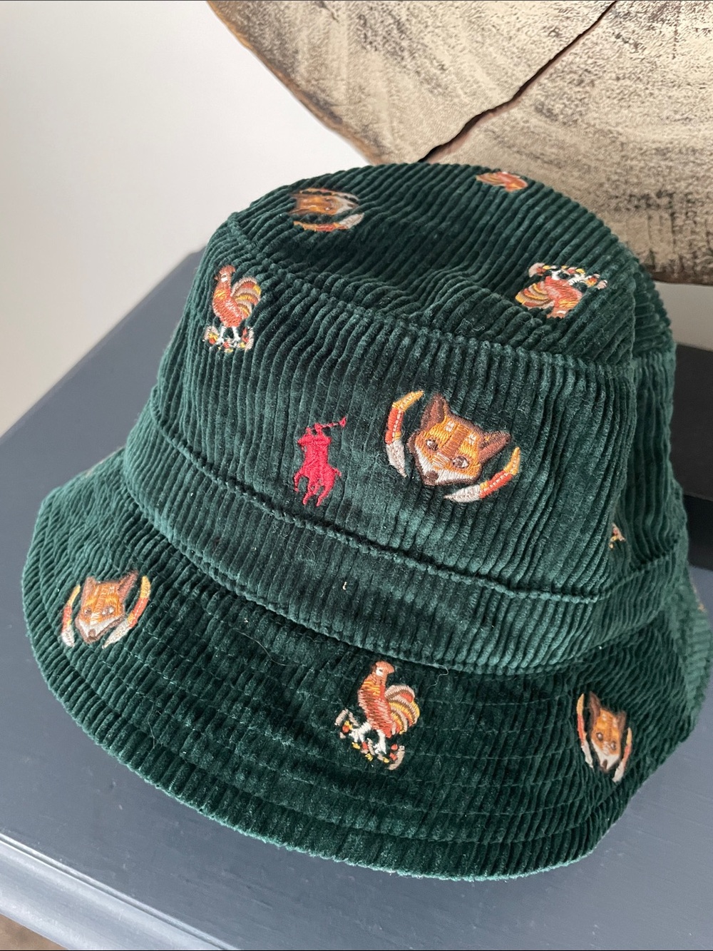 Polo by Ralph Lauren Dark Green Corduroy Bucket Hat with Animal Embroidery NWT